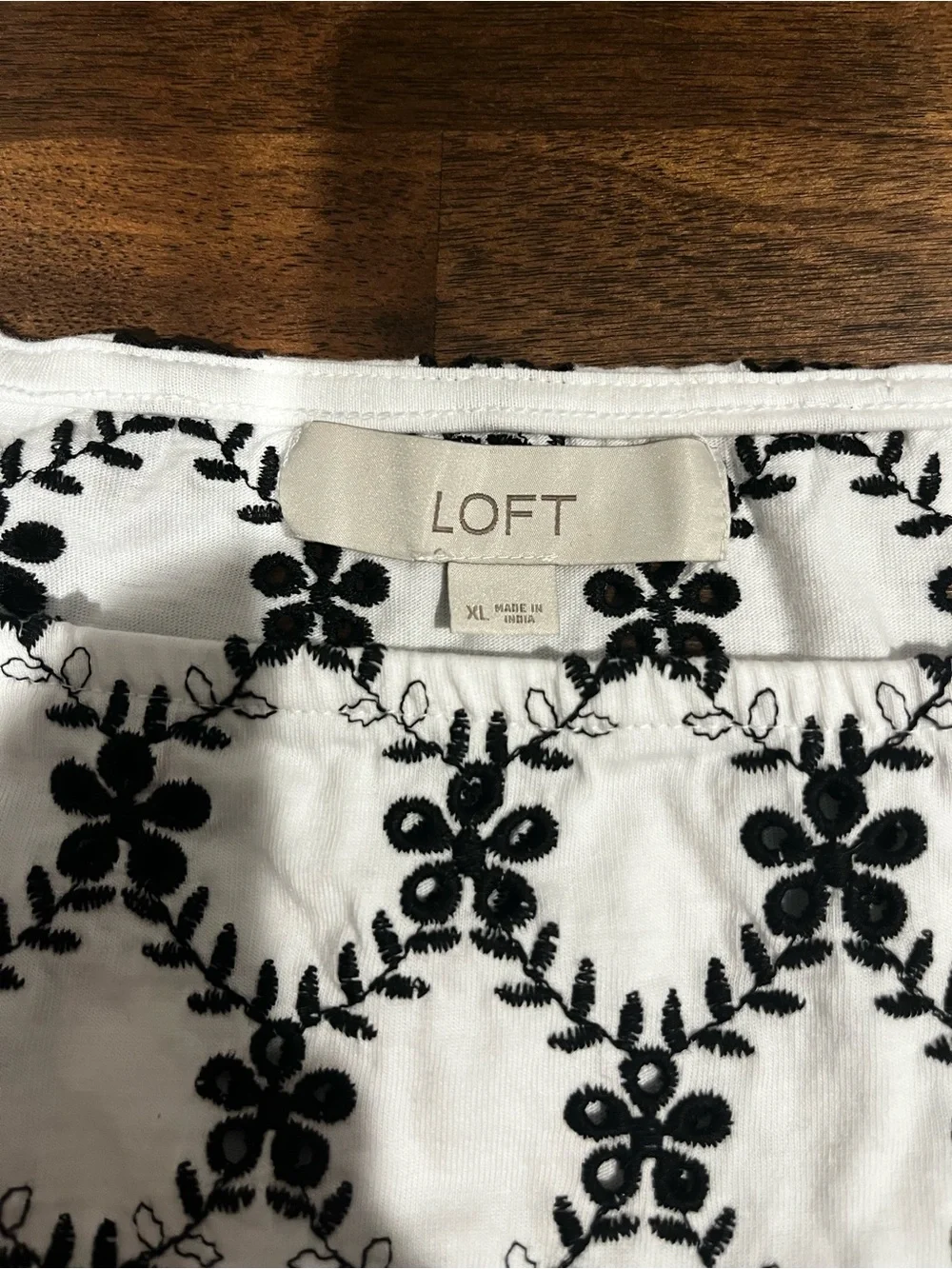 LOFT White Top with Black Floral Lattice Pattern and Puff Sleeves